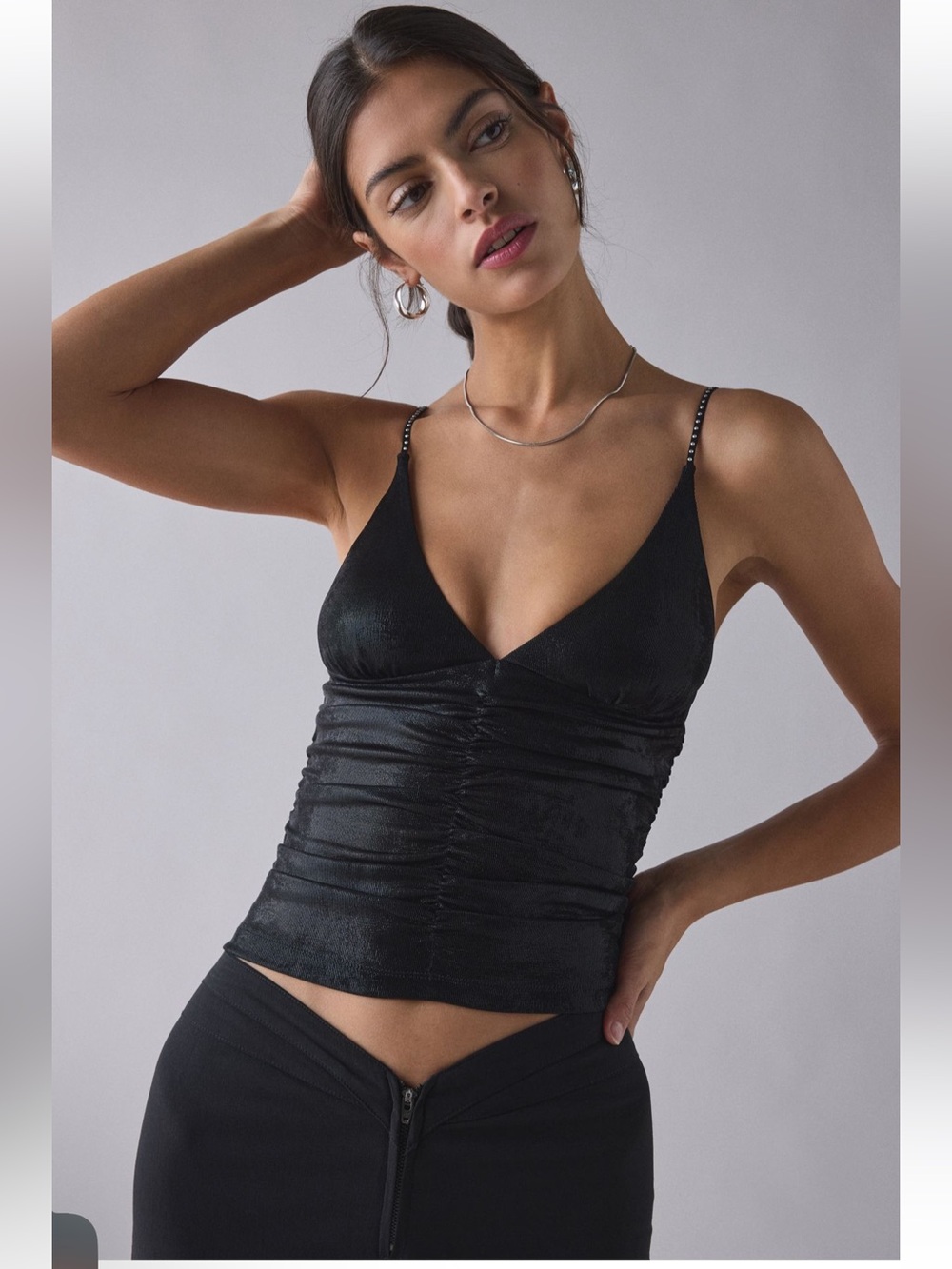 UO Helly ruched plunging rhinestone strap tank top